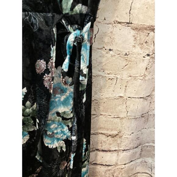 Monteau Dress Womens Large Turquoise Black Velvet Floral Faux Wrap Tie Stretch - Picture 3 of 14
